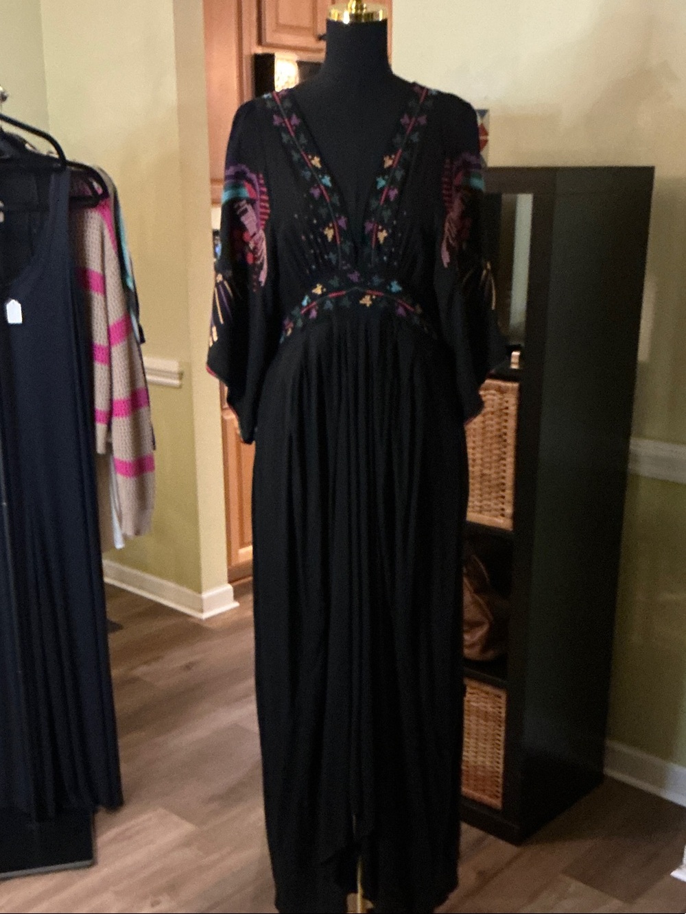 Farm Rio Kaftan Black Embroidered V-Neck Maxi Dress